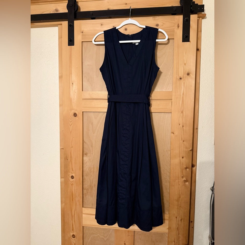 Sleeveless Navy V-Neck Belted A Line Midi Dress